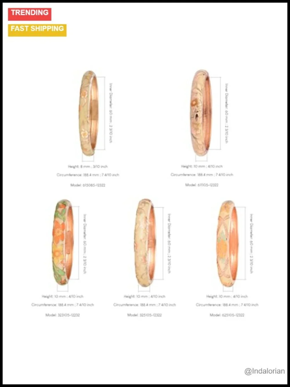 Enamel Bangle Bracelets Set of 5 Rose Floral Engraved Cloisonne Gold Plated